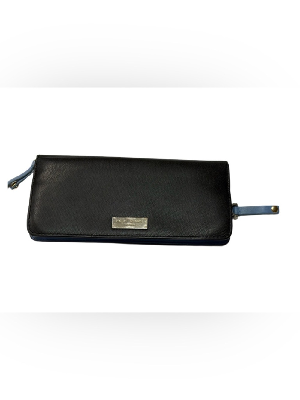 Henri Bendel Black Saffiano Leather Continental Wallet blue leather interior